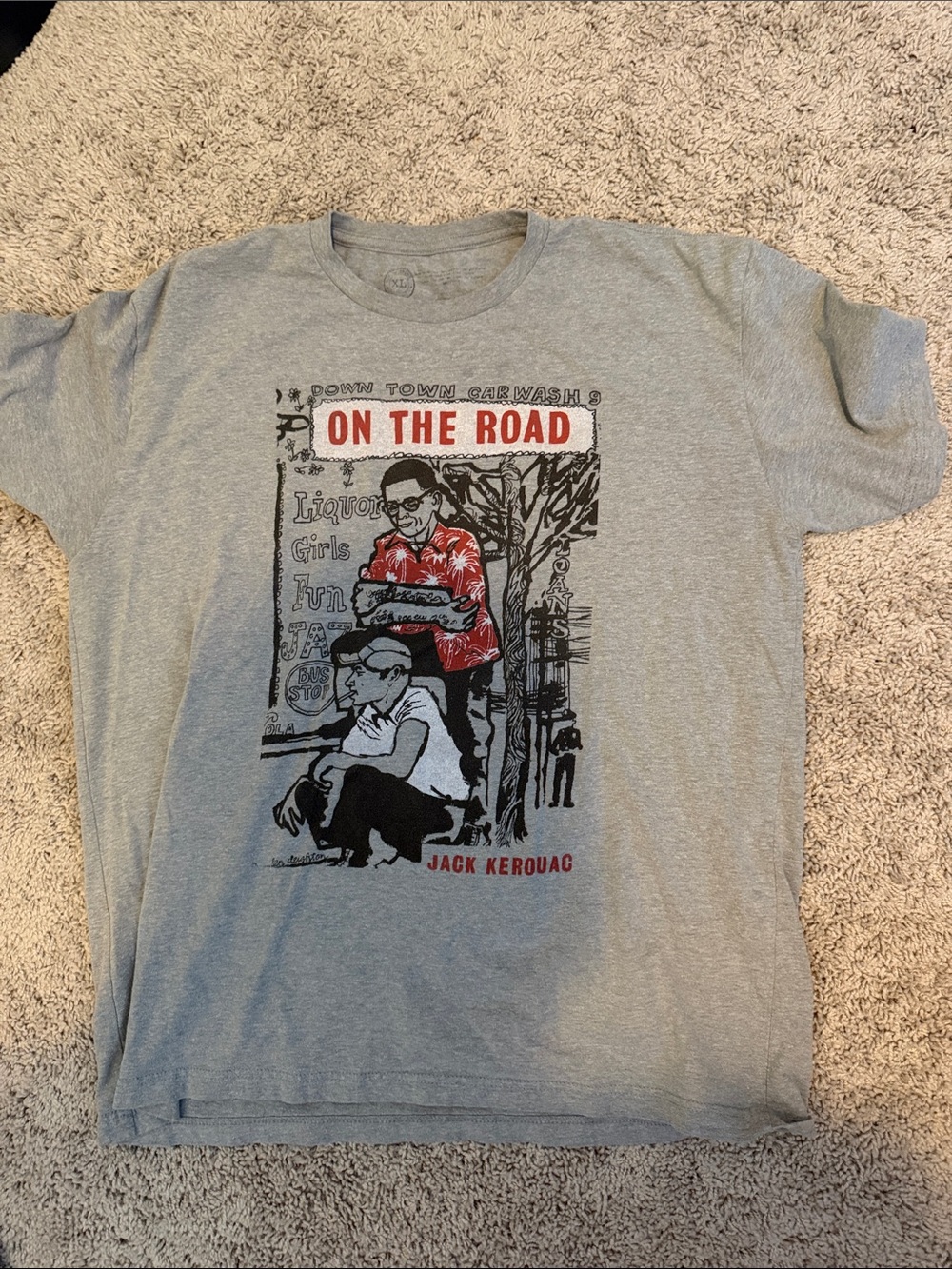 On the road Out of Print Men’s T‑Shirt — Gray with Red and Black Graphic